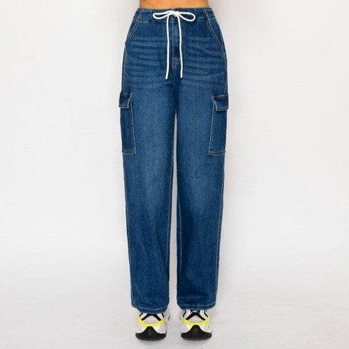 90378 Wax Jean Tie Waist Cargo Jeans in Medium Denim