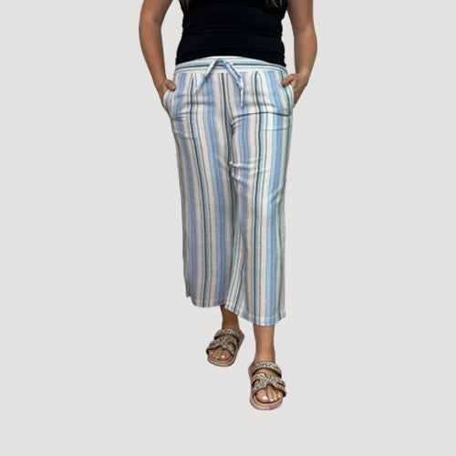 K. Luck Tie Waist Linen-Look Stripe Pants in Blue/Grey/White