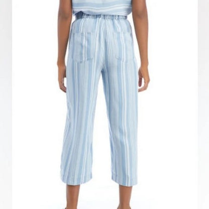 K. Luck Tie Waist Linen-Look Stripe Pants in Blue & White Pinstripe