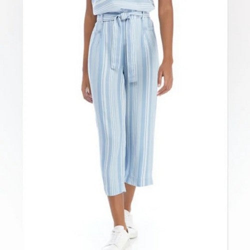 K. Luck Tie Waist Linen-Look Stripe Pants in Blue & White Pinstripe