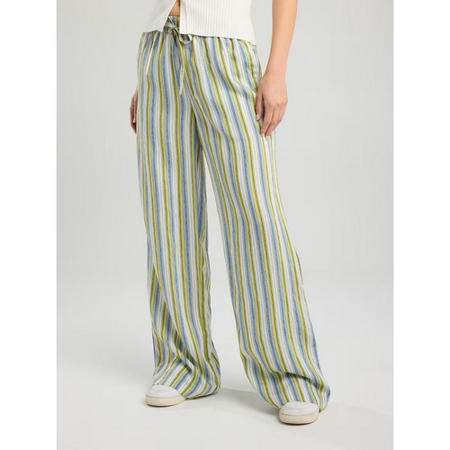 K. Luck Tie Waist Linen-Look Stripe Pants in Grey/Yellow