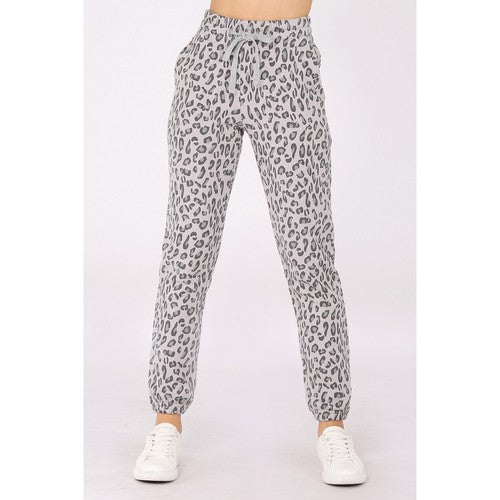 FP920-P High Waist Fleece Joggers in Grey Leopard Print