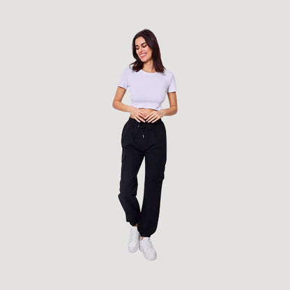 Linen-Look Stretch Cargo Jogger in Black