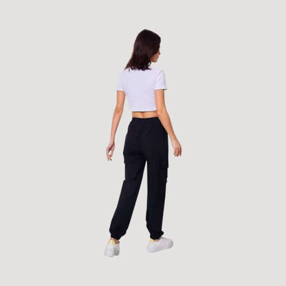 Linen-Look Stretch Cargo Jogger in Black