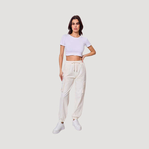 Linen-Look Stretch Cargo Jogger in Cream