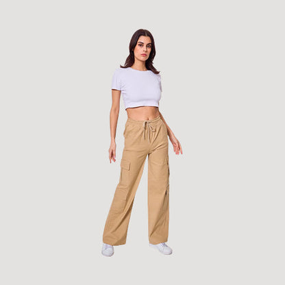 Linen-Look Double Pocket Cargo Pants in Light Brown