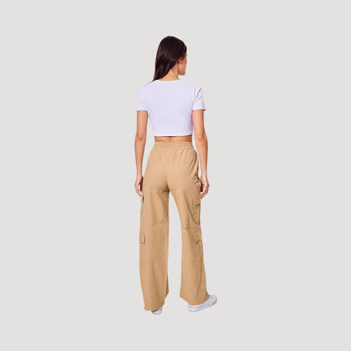 Linen-Look Double Pocket Cargo Pants in Light Brown