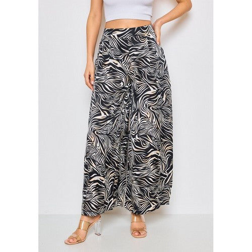 4908-9 Super Wide Leg Print Pants in Zebra Black