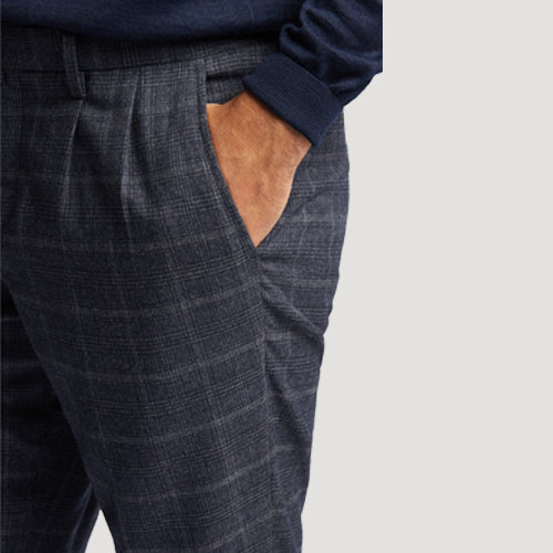 Jeff Banks Tailored Fit Plaid Turn-Up Dress Pants in Navy