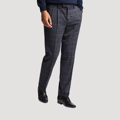 Jeff Banks Tailored Fit Plaid Turn-Up Dress Pants in Navy