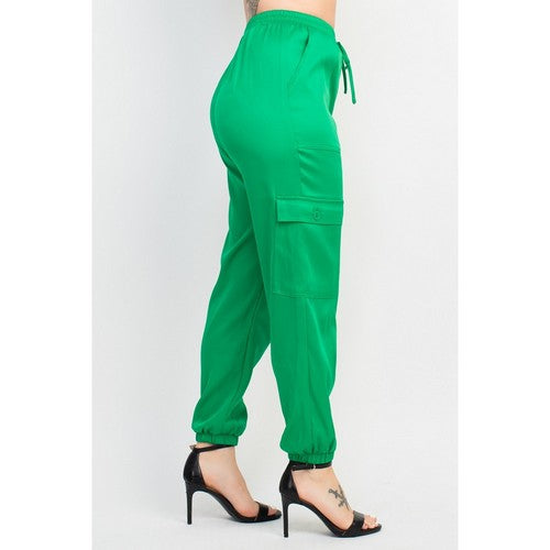 Satin Cargo Jogger-Style Pants in Green