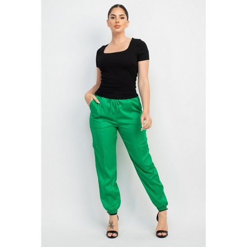 Satin Cargo Jogger-Style Pants in Green