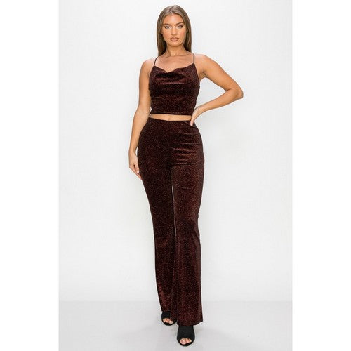 Glittery Flare Elastic Pants in Black & Red