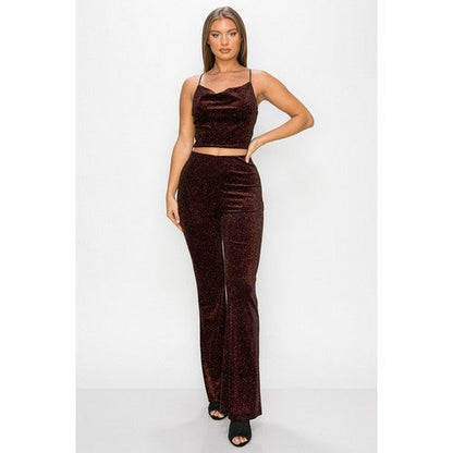Glittery Flare Elastic Pants in Black & Red