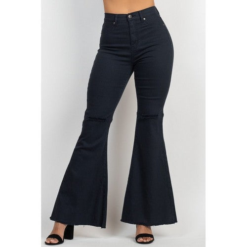 DBP0583(Jeans) High Rise Distressed Super Flare Jeans in Black