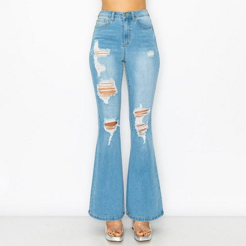 90283 Wax Jean Blown-Out Destructed Flare Jeans in Light Denim
