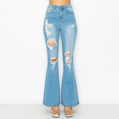 90283 Wax Jean Blown-Out Destructed Flare Jeans in Light Denim