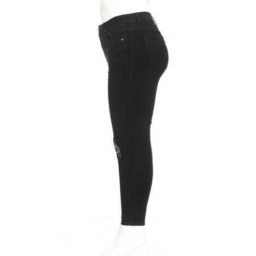 Wax Jean Distressed Knee Skinny Jeans in Black Denim
