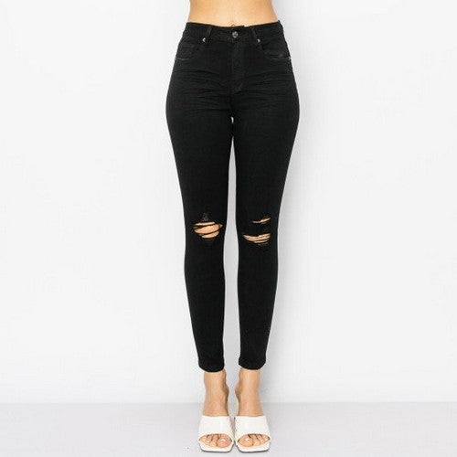 90297 Wax Jean Distressed Knee Skinny Jeans in Black Denim