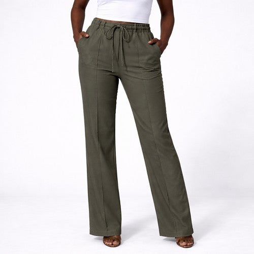 Mango Front Seam Drawstring Scuba Pants in Army Green