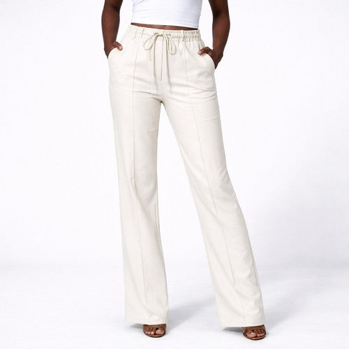 Mango Front Seam Drawstring Linen-Look Pants in Dark Beige