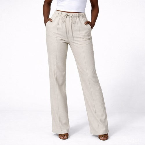 Mango Front Seam Drawstring Linen-Look Pants in Light Brown