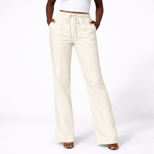 Mango Front Seam Drawstring Linen-Look Pants in Light Beige