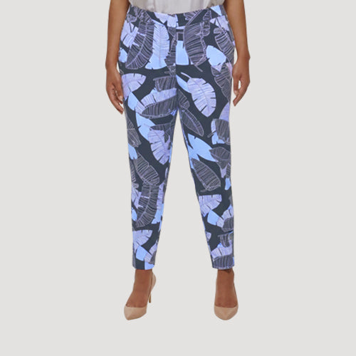 H&M Slim Fit Linen Dress Pants in Black & Cream Leaf Print