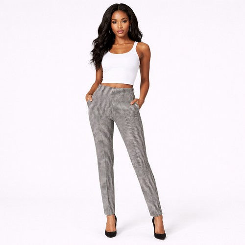 Marks & Spencer Slim Fit Front Seam Pull-On Dress Pants in Brown Houndstooth