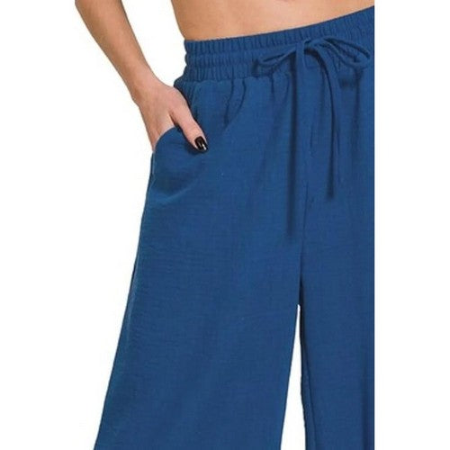 Crepe Wide Leg Cropped Pants in Blue-Grey