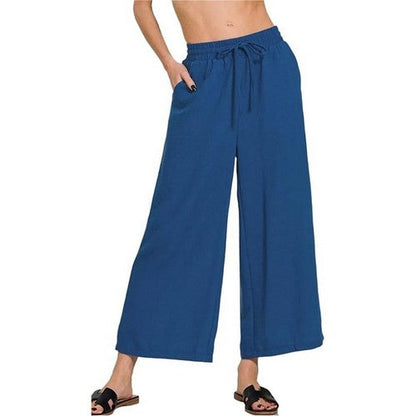 QP-7164D4 Crepe Wide Leg Cropped Pants in Blue & Grey