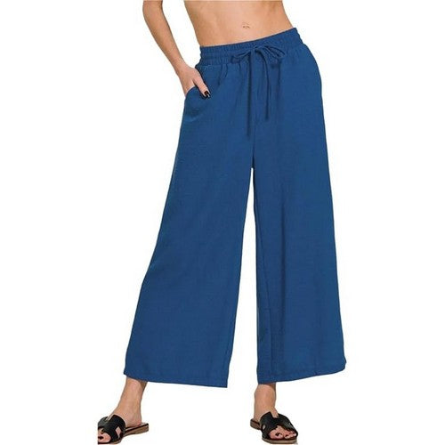 QP-7164D4 Crepe Wide Leg Cropped Pants in Blue & Grey
