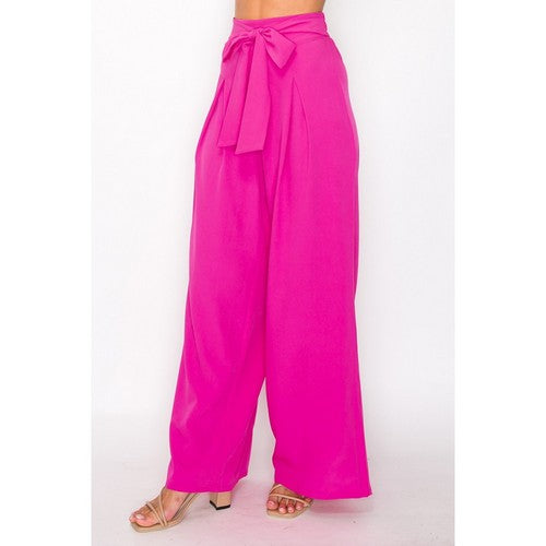 Tie Waist Palazzo Pants in Hot Pink