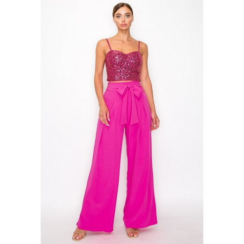 Tie Waist Palazzo Pants in Hot Pink