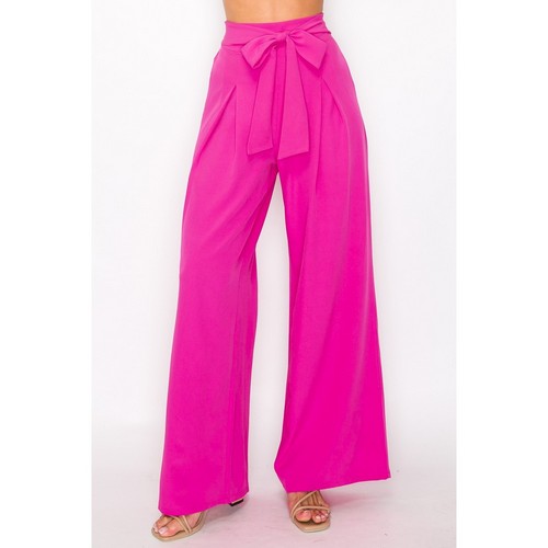 HMP40624 Tie Waist Palazzo Pants in Hot Pink