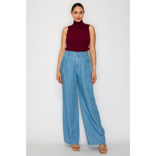 Wide Leg Pintuck Wide Leg Pants in Light Denim