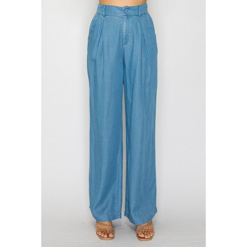 HMP40726H-L Wide Leg Pintuck Denim Pants in Light Denim