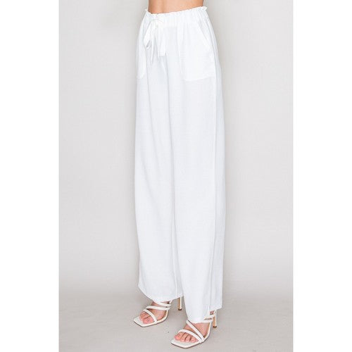 Tie Waist Wide Leg Pants in White