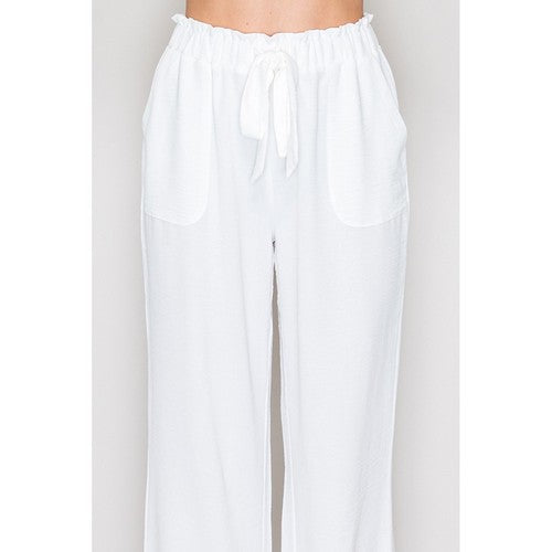 Tie Waist Wide Leg Pants in White