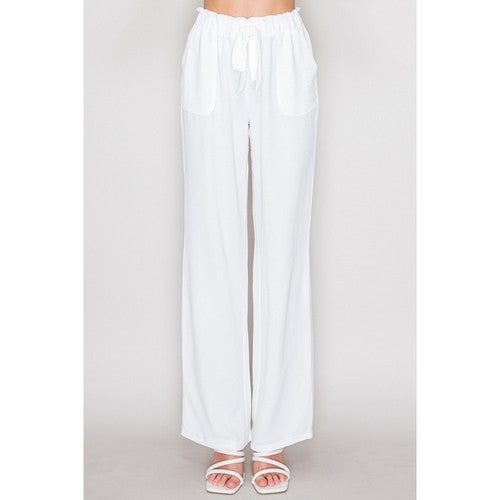 BP08121 Tie Waist Wide Leg Pants in White