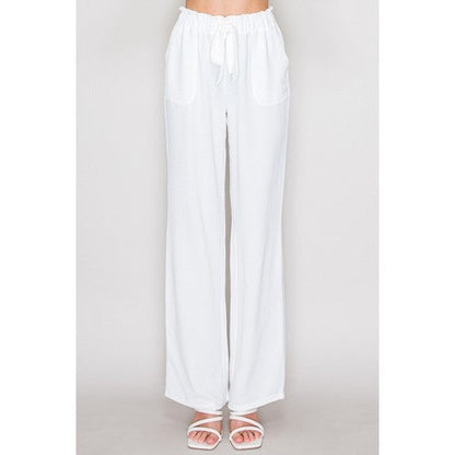 BP08121 Tie Waist Wide Leg Pants in White