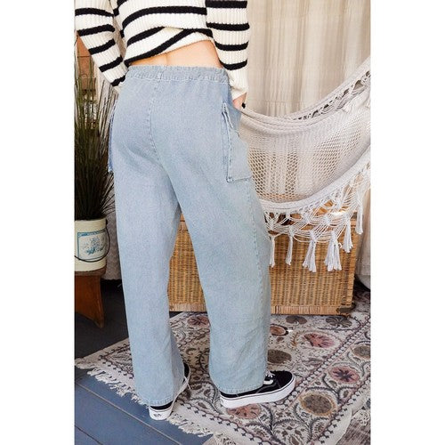 Drawstring Wide Leg Cargo Jeans in Sandblast Blue