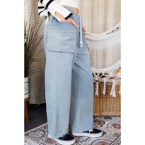 Drawstring Wide Leg Cargo Jeans in Sandblast Blue