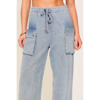 Drawstring Wide Leg Cargo Jeans in Sandblast Blue