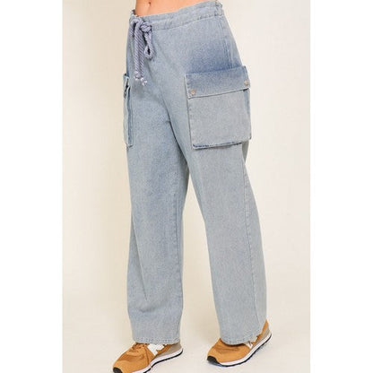 Drawstring Wide Leg Cargo Jeans in Sandblast Blue