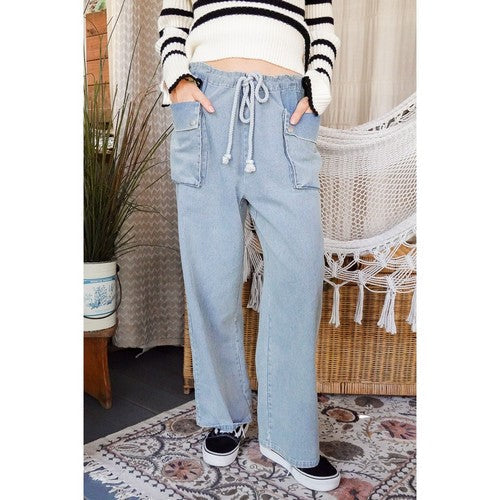 Drawstring Wide Leg Cargo Jeans in Sandblast Blue
