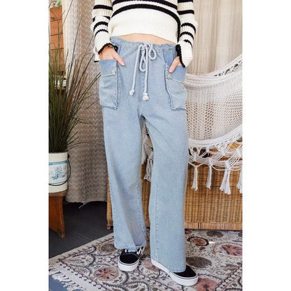 Drawstring Wide Leg Cargo Jeans in Sandblast Blue