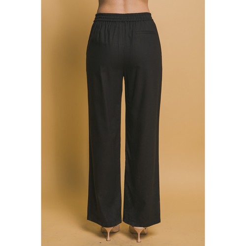 Drawstring Wide Leg Linen Blend Pants in Black