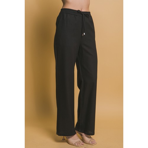 Drawstring Wide Leg Linen Blend Pants in Black