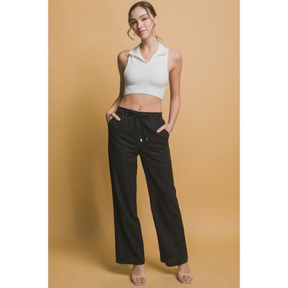 Drawstring Wide Leg Linen Blend Pants in Black
